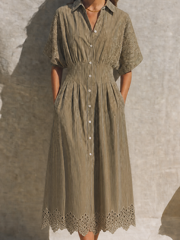 Women's Mediterranean Style Khaki Cotton Blend Striped Collared Button-Front Short Sleeve Eyelet Hem Midi Shirt Dress MDZ0780G9ZSQ