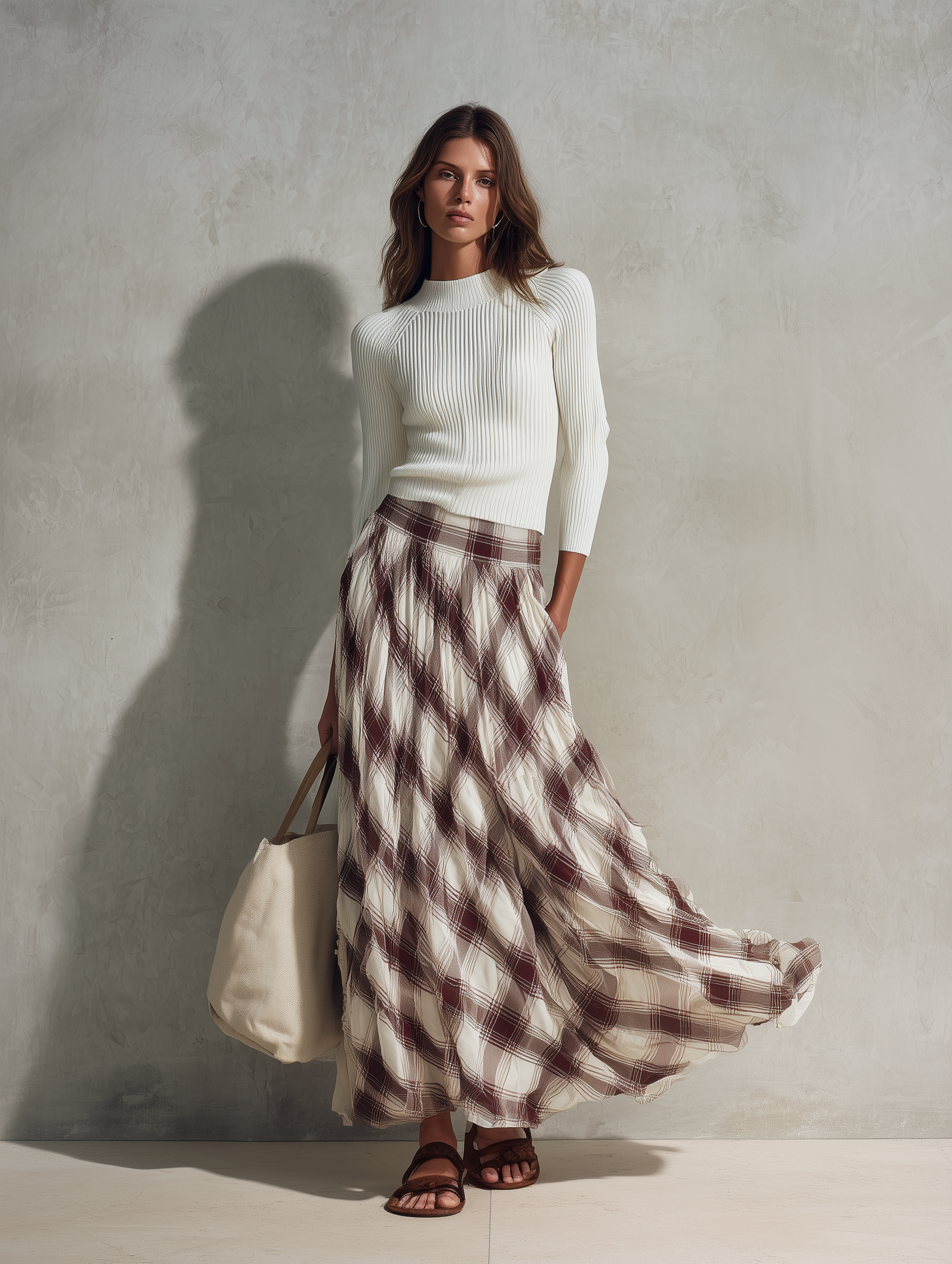 Women's Casual Off-white Long-sleeved Knit Top With A Round Neck, Paired With A Dark Red Printed Chiffon Skirt MDZ0122G6LXY