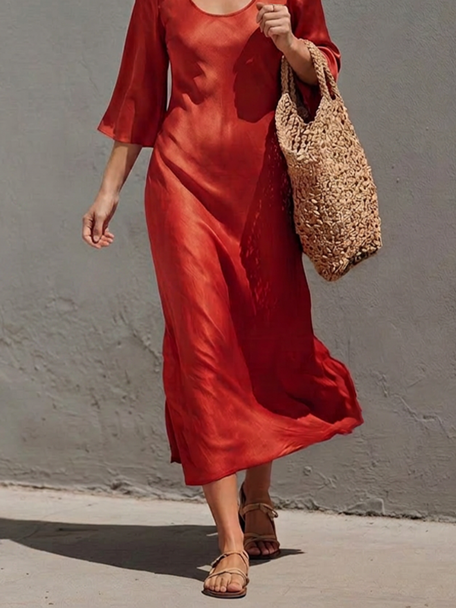 Women's Rust Red Satin Midi Dress With Wide U Scoop Neck & Flared Three Quarter Sleeves, Boho Elegant Flow Side Slit Vacation Midi Dress MDZ0171G2LYL
