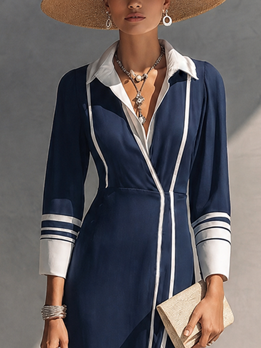 Women's Affordable Luxury Navy Cotton Blend Contrast Color Collar 3/4 Sleeve Side Slit Knit Dress MDZ0210G4GMJ
