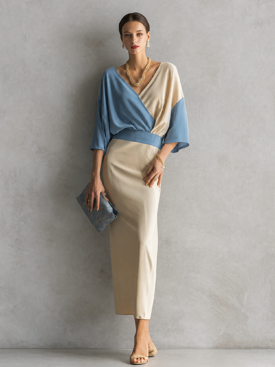 Women's Minimalist Premium Off White And Light Blue Cotton Blend V Neck Contrast Color Fitted Long Skirt Outfit MDZ0221G7GMJ