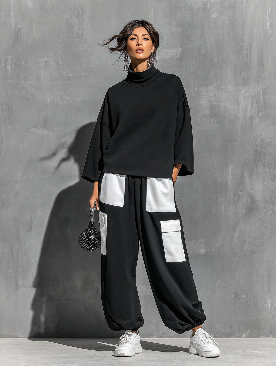 Women’s Black French Terry Oversized High Neck 3/4 Sleeve Sweatshirt & Elastic Cuff Color Block White Patch Pocket Jogger Cargo Pants Two Piece Tracksuit Set MDZ0696G6YZJ