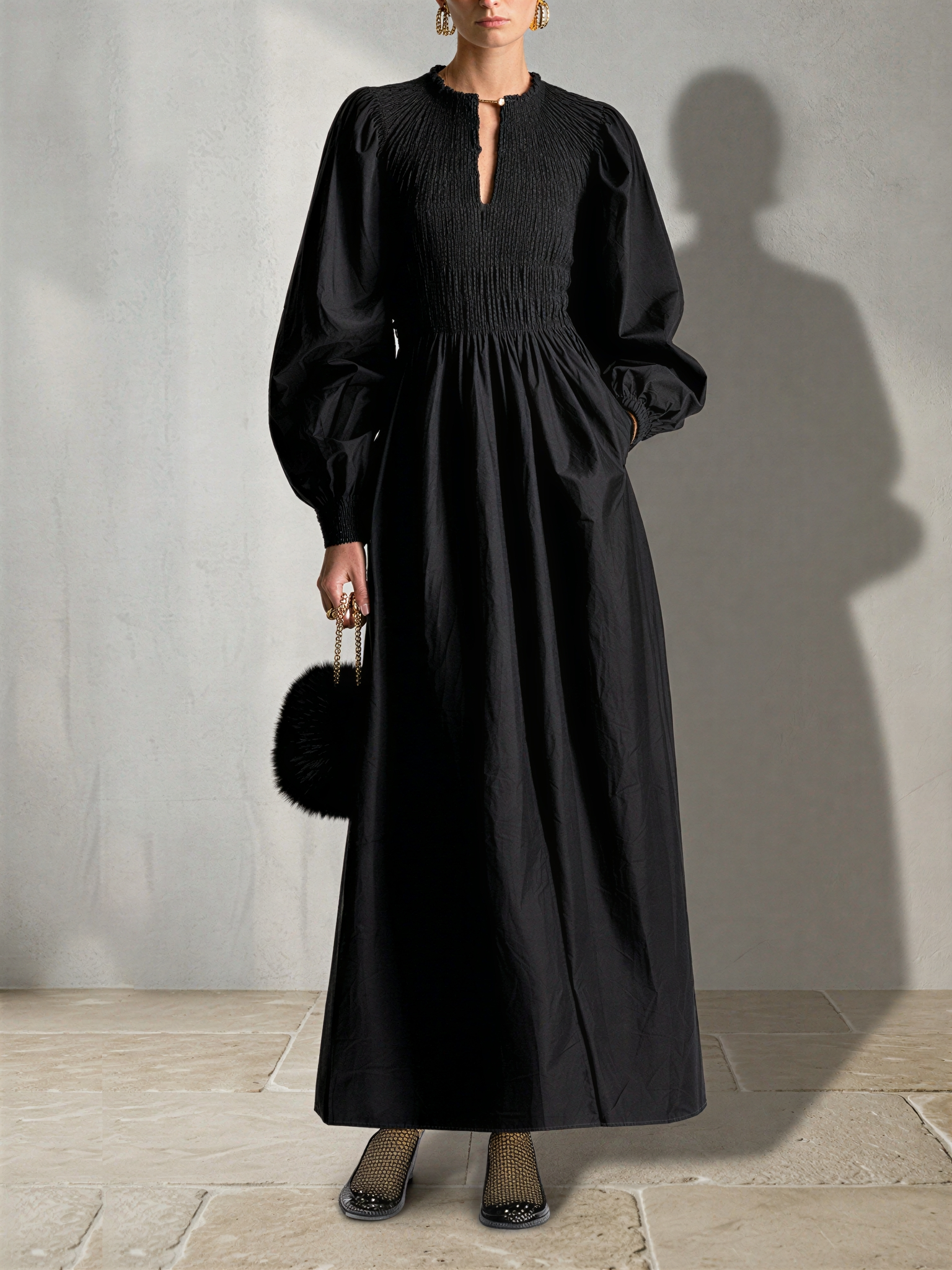 Women's Black Cotton Poplin Maxi Dress With Smocked Elastic Bodice & Puff Balloon Long Sleeves, Minimalist Elegant Side Pocket Flowy Maxi Dress MDZ0616G1LYL