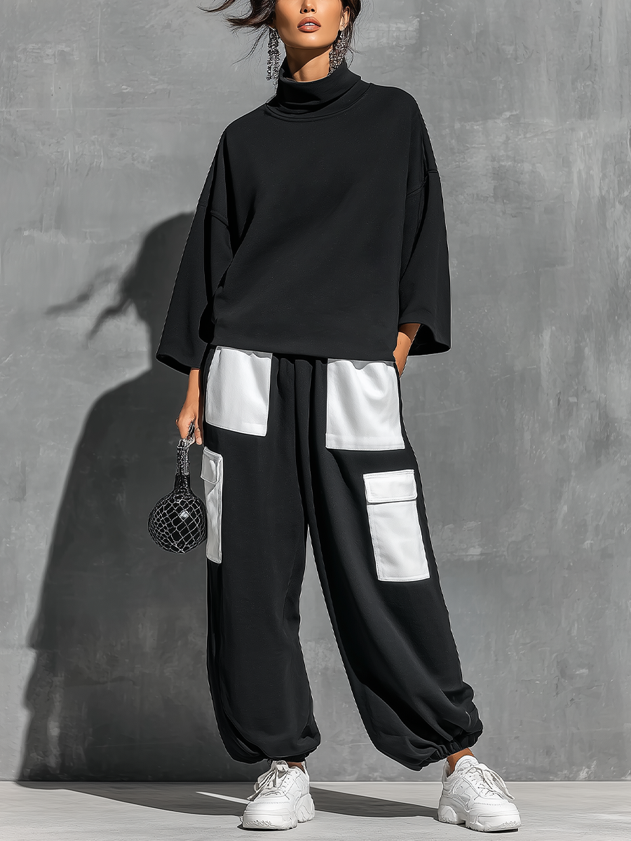 Women’s Black French Terry Oversized High Neck 3/4 Sleeve Sweatshirt & Elastic Cuff Color Block White Patch Pocket Jogger Cargo Pants Two Piece Tracksuit Set MDZ0696G6YZJ