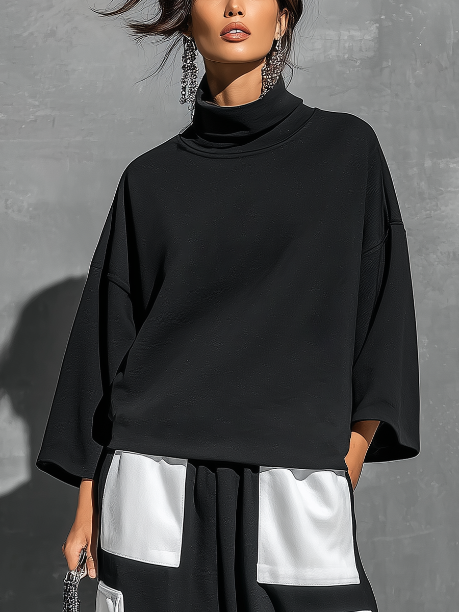 Women’s Black French Terry Oversized High Neck 3/4 Sleeve Sweatshirt & Elastic Cuff Color Block White Patch Pocket Jogger Cargo Pants Two Piece Tracksuit Set MDZ0696G6YZJ