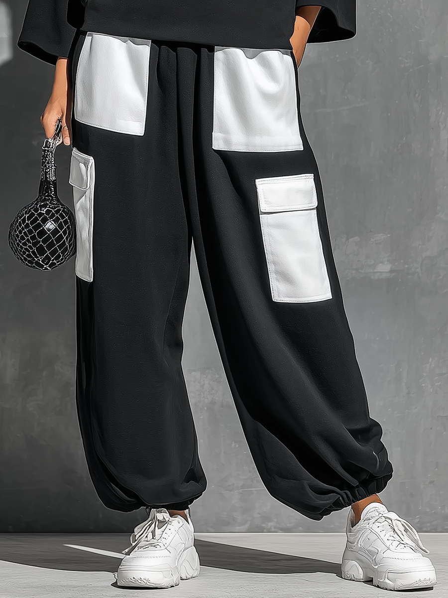 Women’s Black French Terry Oversized High Neck 3/4 Sleeve Sweatshirt & Elastic Cuff Color Block White Patch Pocket Jogger Cargo Pants Two Piece Tracksuit Set MDZ0696G6YZJ