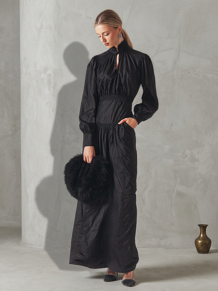 Women's All-Black Cotton-Blend Maxi Dress With Ruched Cinched Torso & Cuff Button Sleeves, Versatile Formal Occasion Flowy Maxi Dress MDZ0678G5LYL