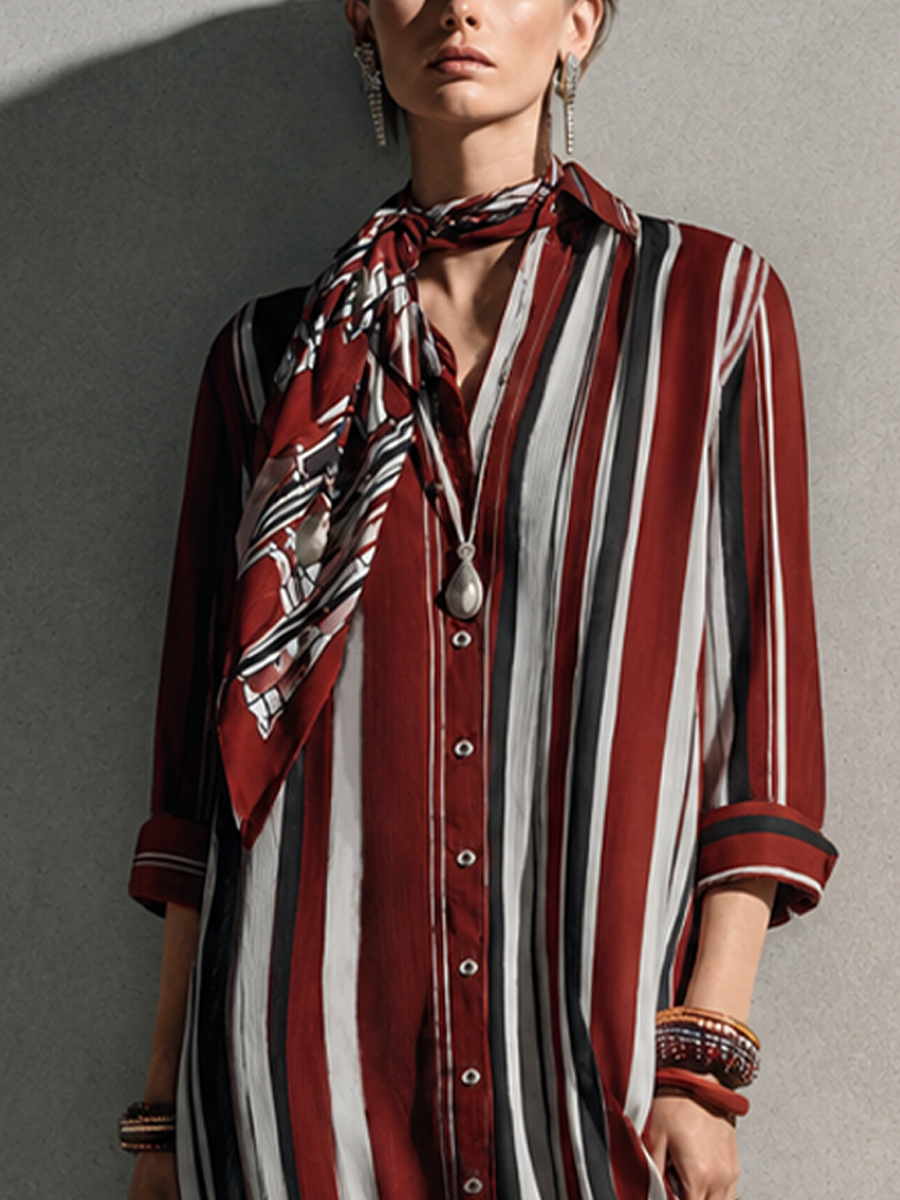 Women's Retro Casual Burgundy Cotton Blend Collared Three-Quarter Sleeve Color-Blocked Vertical Striped Long Shirt Dress MDZ0644G8GMJ