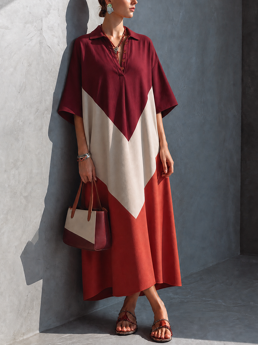 Women's Casual And Relaxed Style Multi-Colored Cotton Blend Color-Blocked Patchwork Collared Half-Sleeve Midi Dress MDZ0653G5GMJ