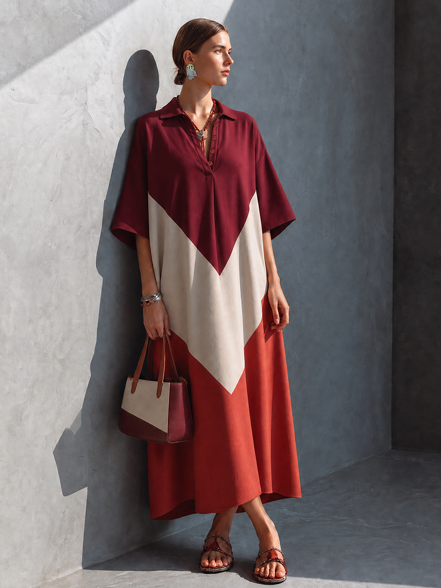 Women's Casual And Relaxed Style Multi-Colored Cotton Blend Color-Blocked Patchwork Collared Half-Sleeve Midi Dress MDZ0653G5GMJ