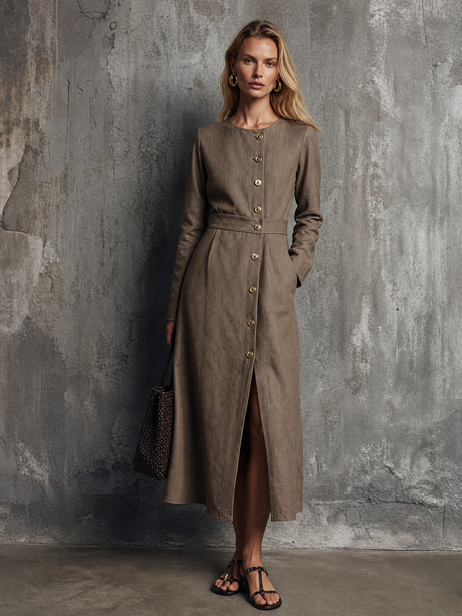 Women's Light Luxury Style Brown Cotton Linen Round Neck Long Sleeve Single-Breasted Slit Midi Dress MDZ0609G3GMJ