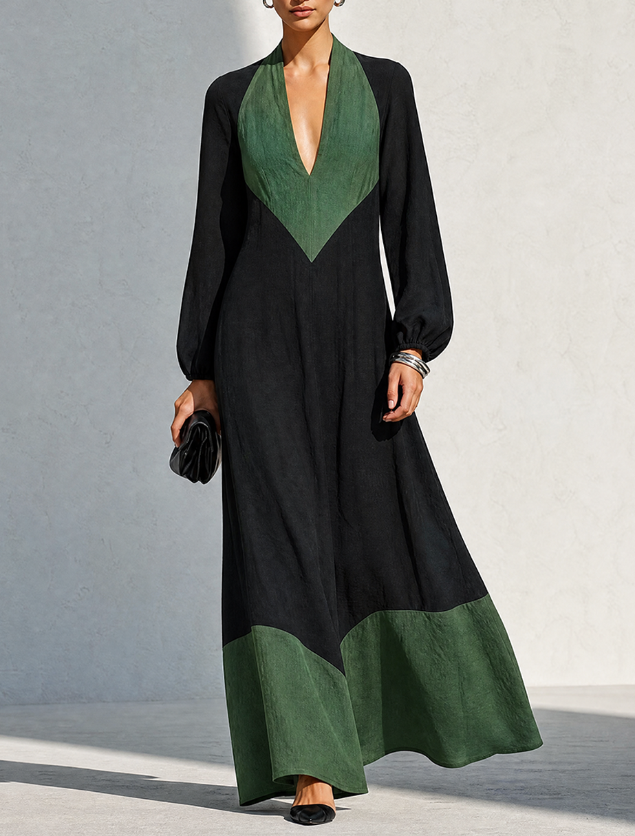 Women's Minimalist Black & Green Color-Block Linen Maxi Dress MDZ0715G1ZRK