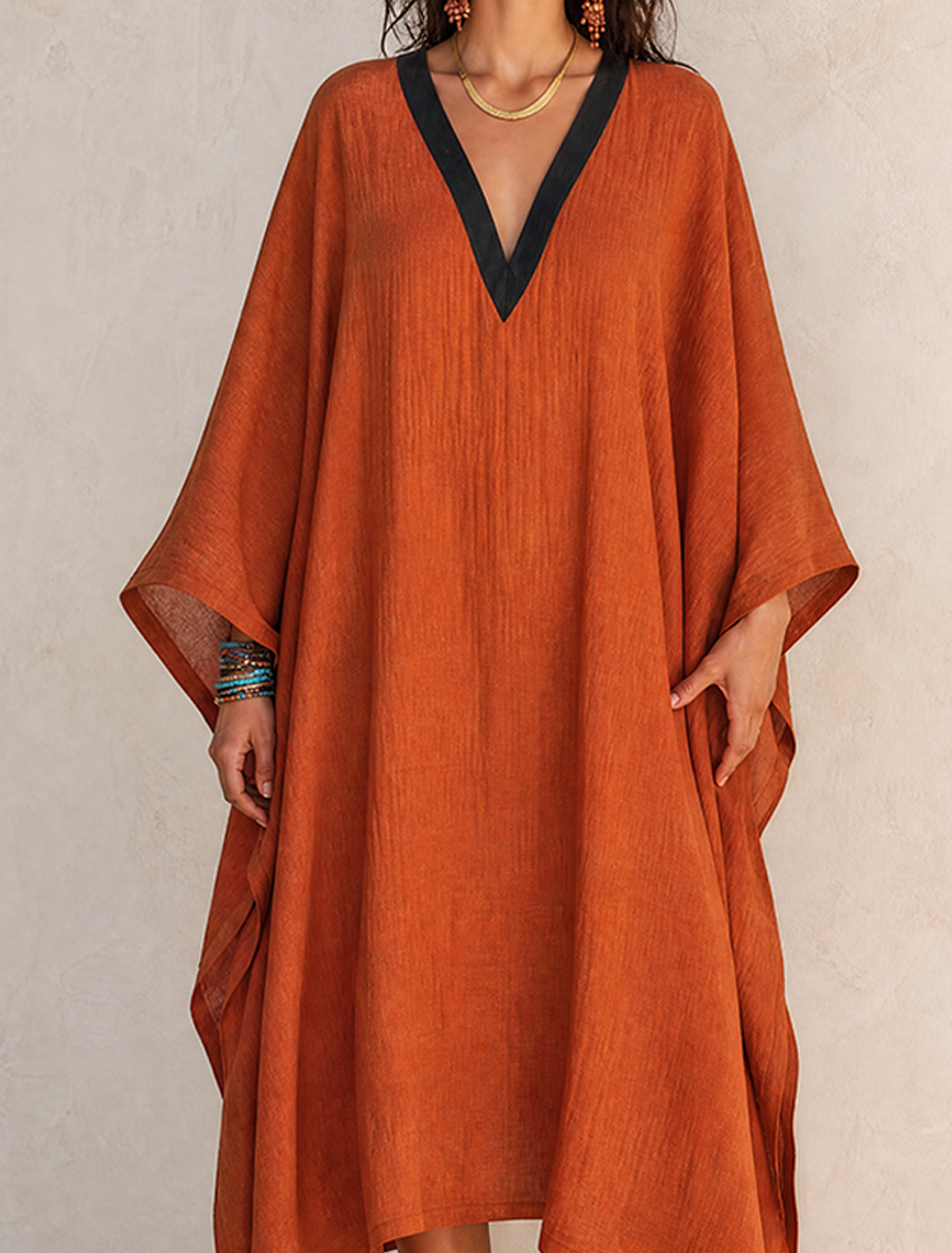 Women's Minimalist Solid Orange Linen V-Neck Midi Kaftan Dress MDZ0788G7ZRK