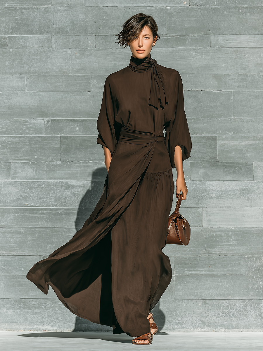 Women's Dark Brown Matte Satin Tie-Neck Three-Quarter Sleeve Dress MDZ0716G2YZJ