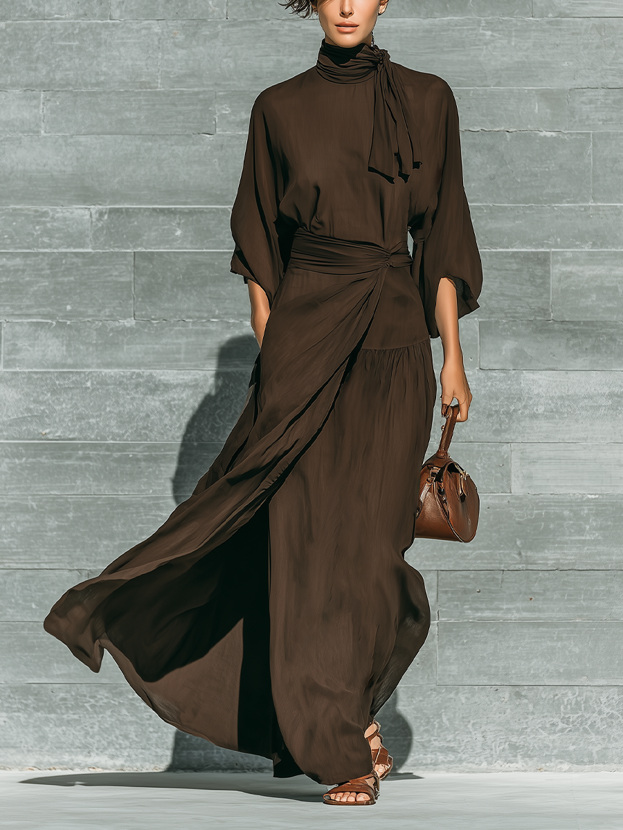Women's Dark Brown Matte Satin Tie-Neck Three-Quarter Sleeve Dress MDZ0716G2YZJ