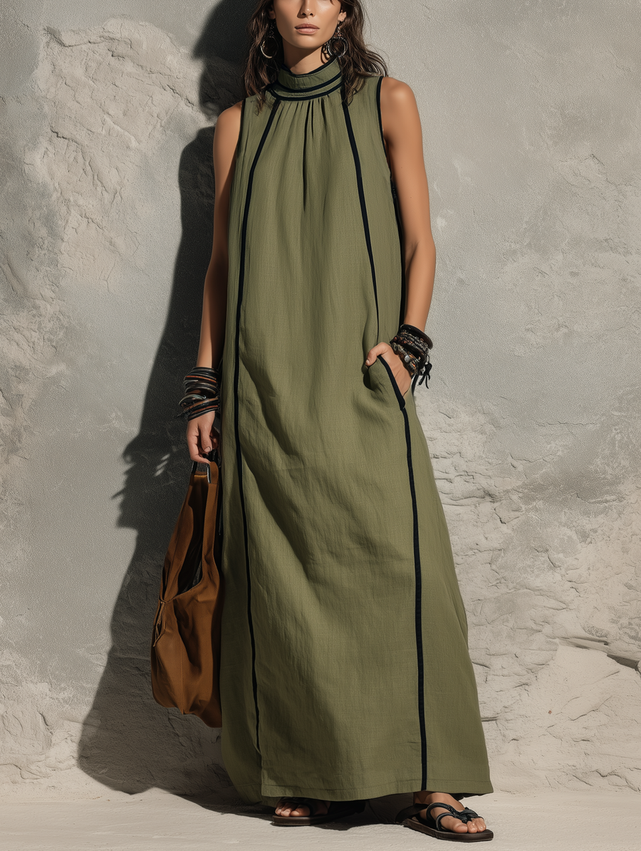 Women's Casual Army Green Cotton-linen Sleeveless Maxi Dress With A High Neck MDZ0762G3LXY