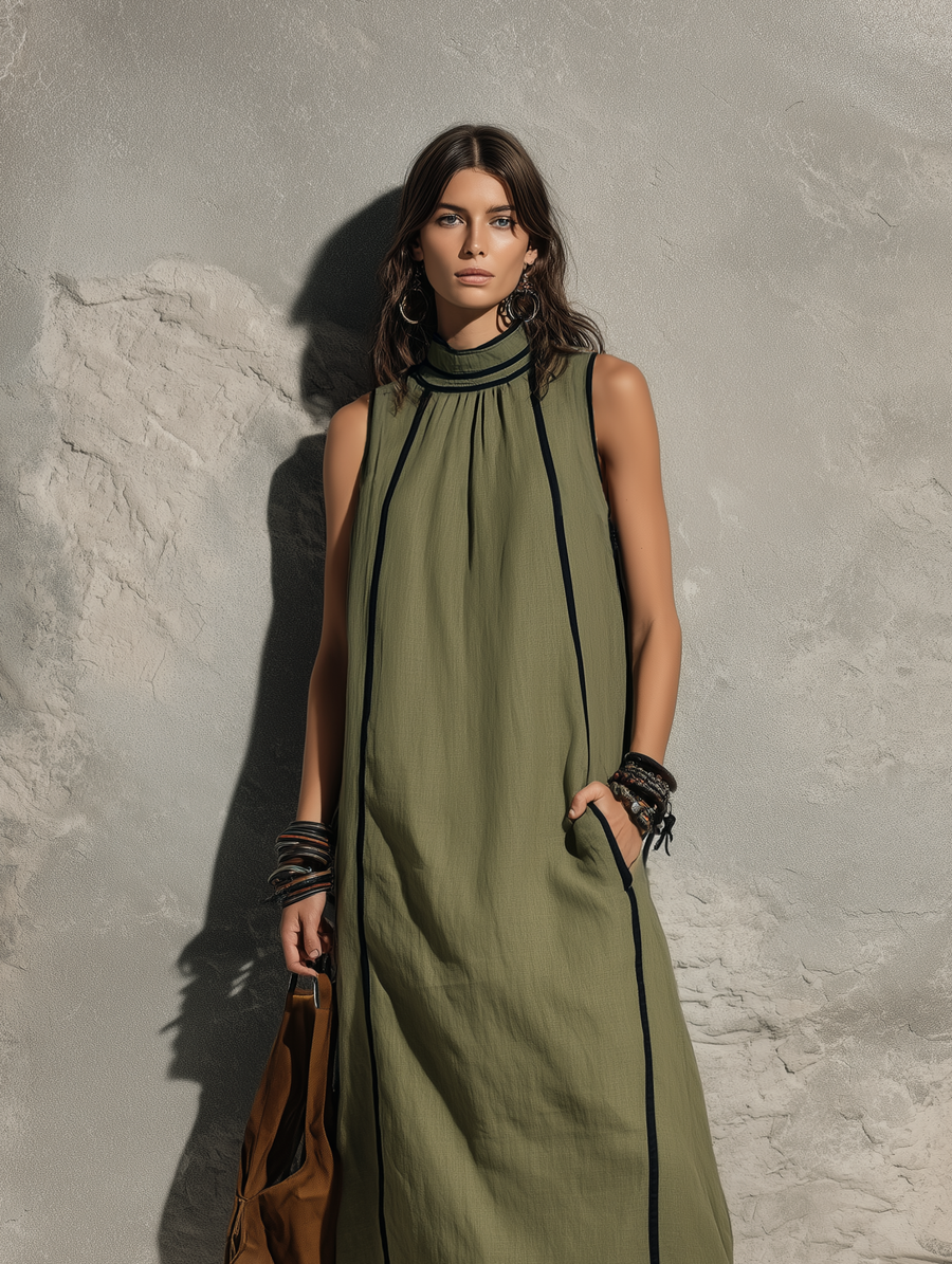 Women's Casual Army Green Cotton-linen Sleeveless Maxi Dress With A High Neck MDZ0762G3LXY