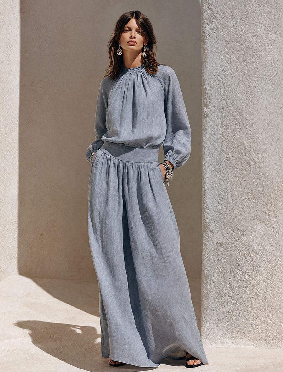 Women's Blue-Grey Solid Cotton-Linen Maxi Dress With Ruffled High Neck MDZ0858G7ZRK