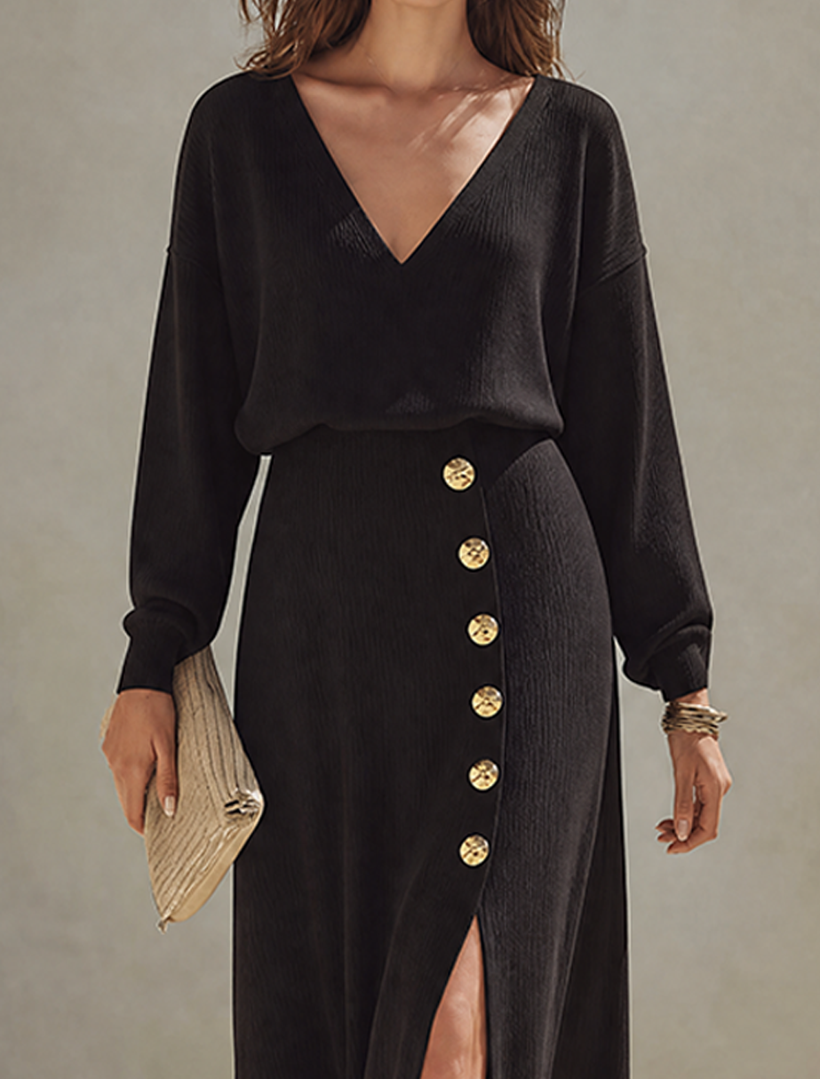 Women's Minimalist Solid Black Knit V-Neck Long-Sleeve Midi Dress MDZ0836G1ZRK