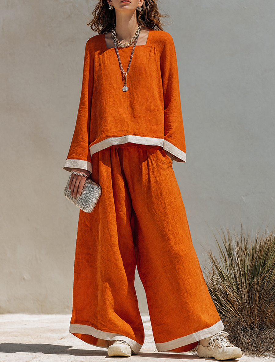 Women's Cotton-Linen Blend Square-Neck Long-Sleeve Top & Wide-Leg Pants Set With Contrast Trim MDZ0892G3ZRK