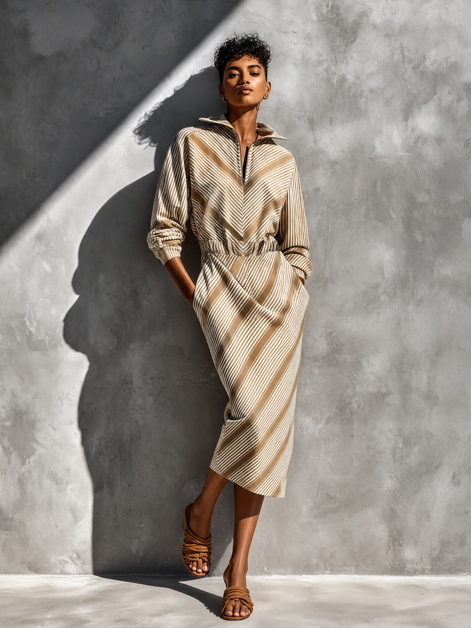 Women's Khaki Cotton-linen Stripe Collared Half Zip Waist Pocket Midi Shirt Dress MDZ0820G9YZJ