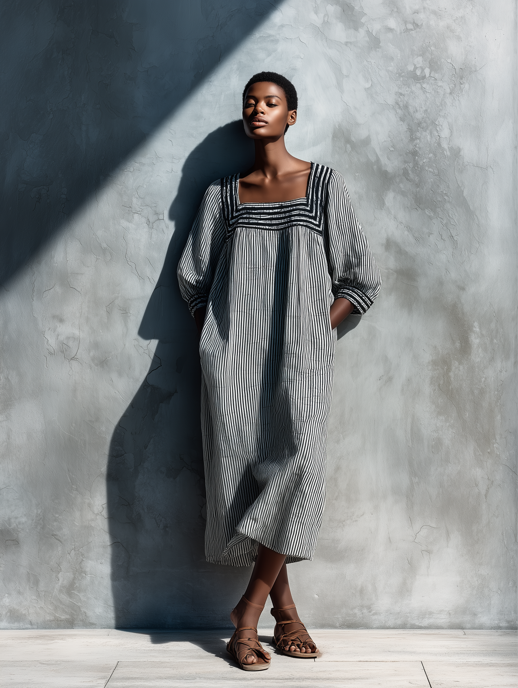 Women's Black White Vertical Stripe Linen Square Neck Puff Sleeve Pocket Loose Midi Dress MDZ0881G8YZJ