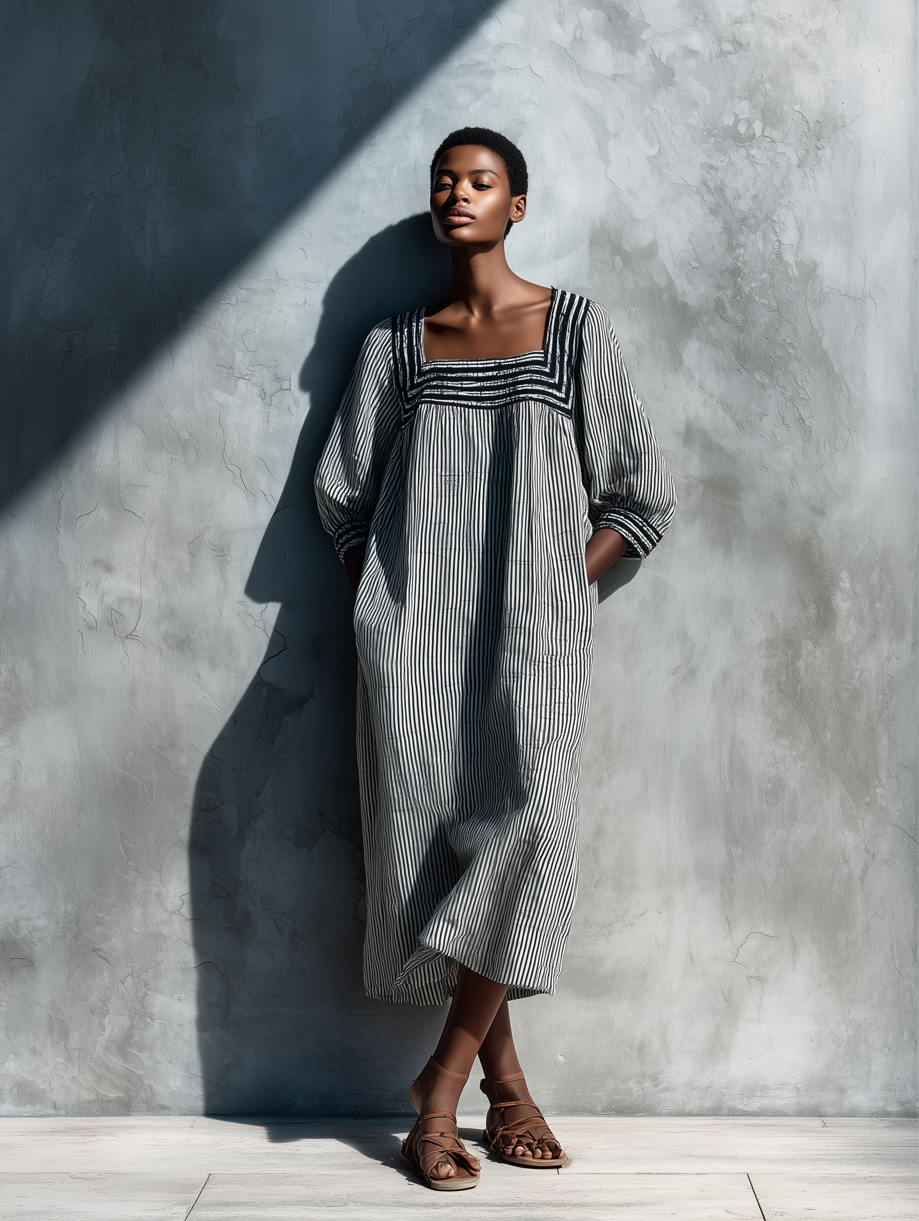 Women's Black White Vertical Stripe Linen Square Neck Puff Sleeve Pocket Loose Midi Dress MDZ0881G8YZJ