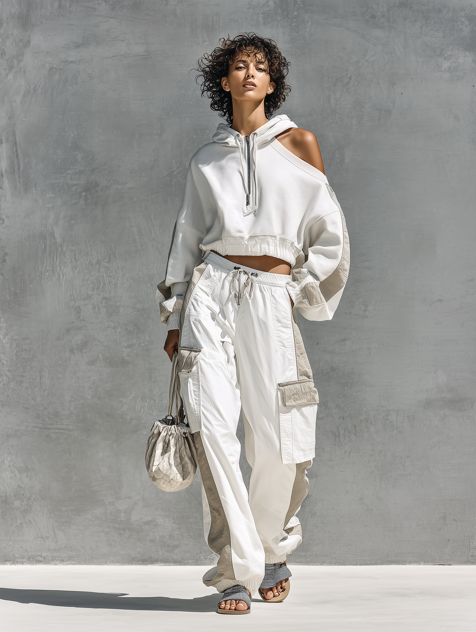 Women's Two Tone Patchwork Asymmetrical Cold Shoulder Hooded Sweatshirt Multi Pocket Cargo Pants Tracksuit Set MDZ0802G2YZJ