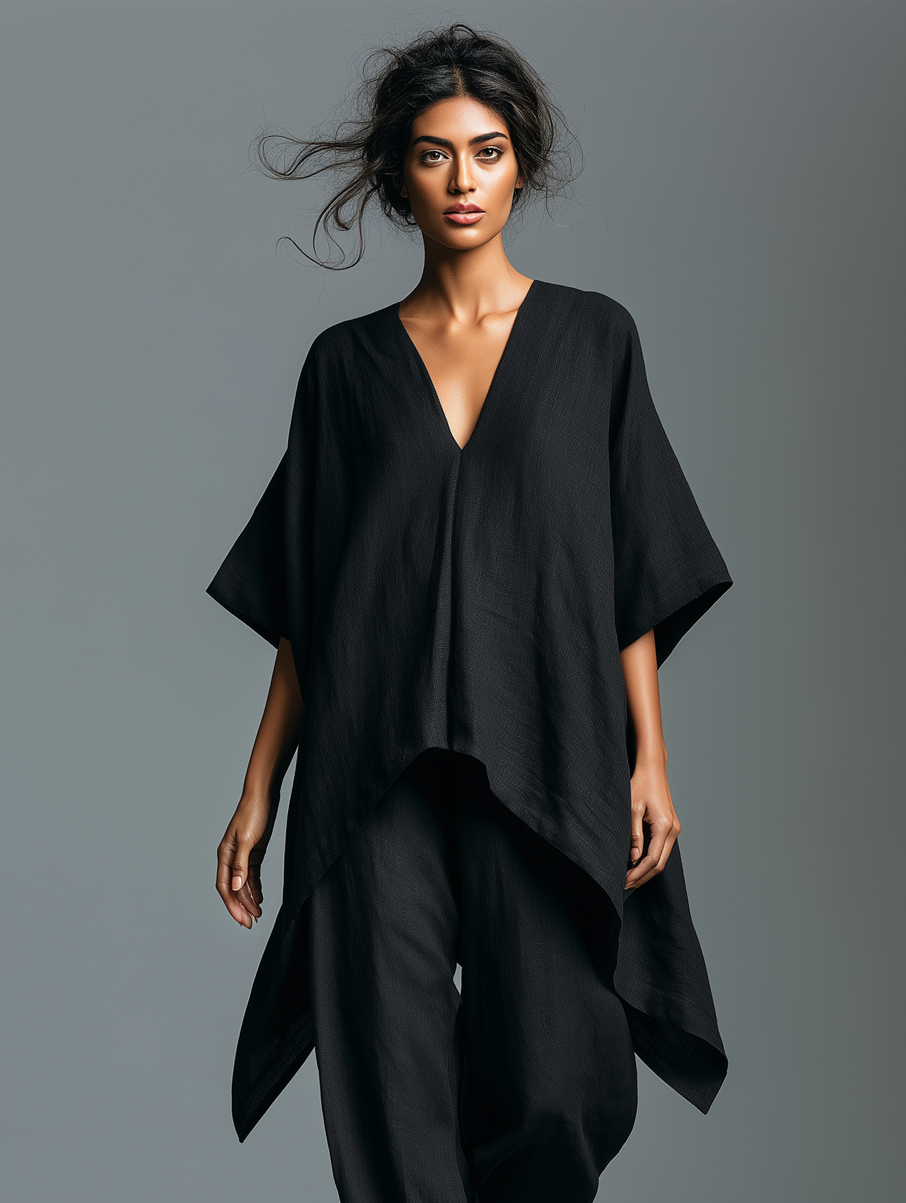 Women's Minimalist Linen-blend V-neck Mid-sleeve Blouse And Lantern Pants Set With An Asymmetrical Hem MDZ0852G6WY