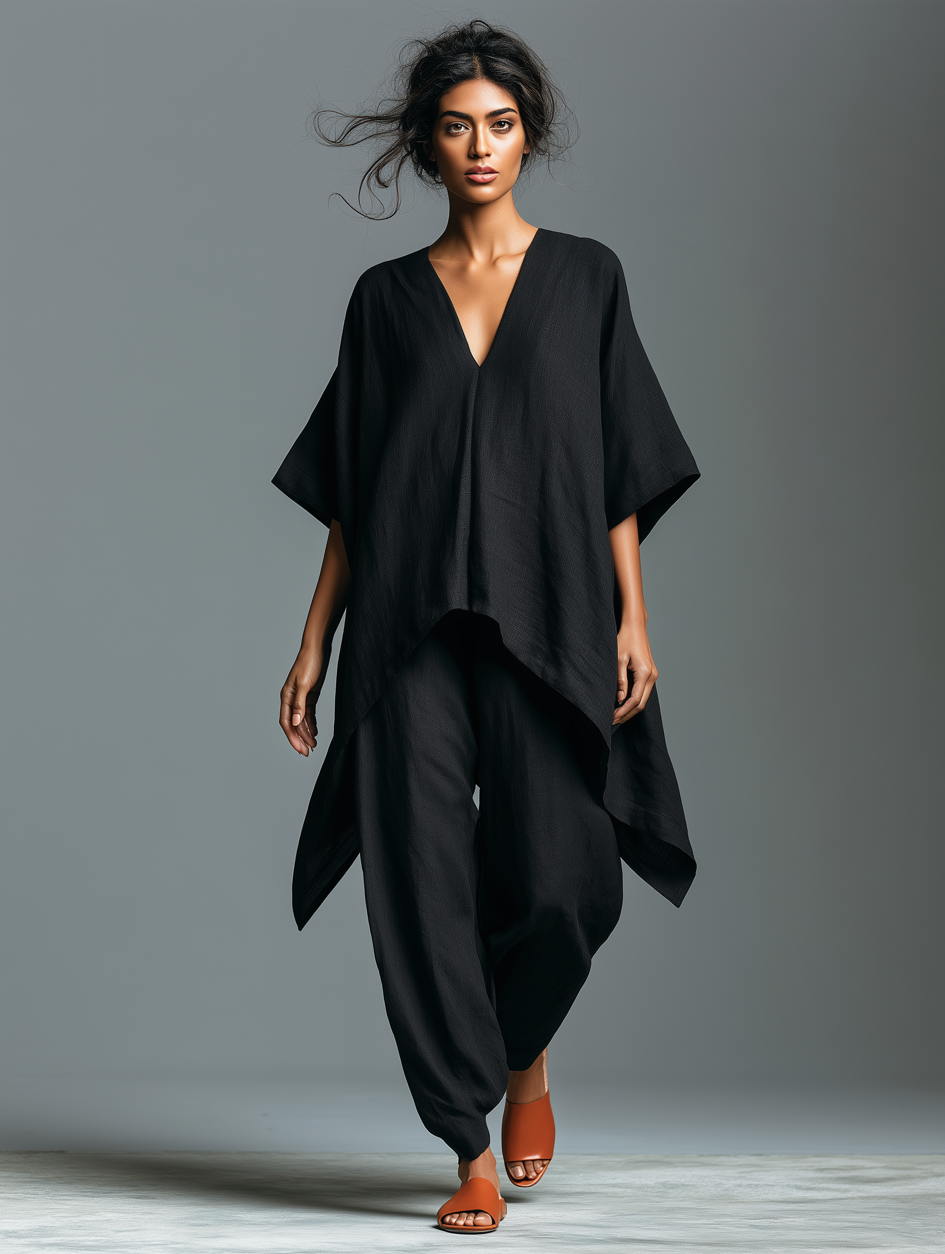 Women's Minimalist Linen-blend V-neck Mid-sleeve Blouse And Lantern Pants Set With An Asymmetrical Hem MDZ0852G6WY