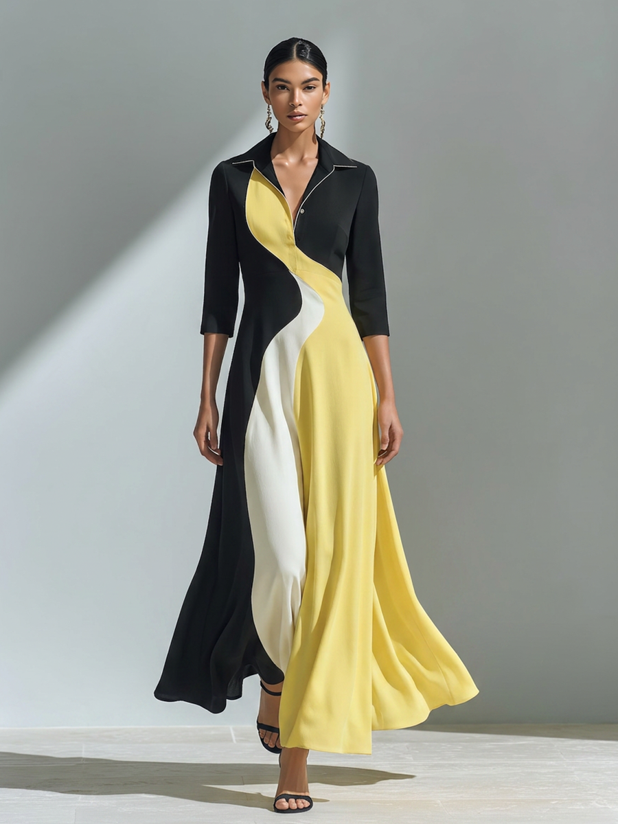 Women's Black Yellow White Cotton-Blend Maxi Dress With Collar Three Quarter Sleeves & Wavy Color Block Panel, Elegant Office Flowy Shirt Maxi Dress MDZ0883G7LYL