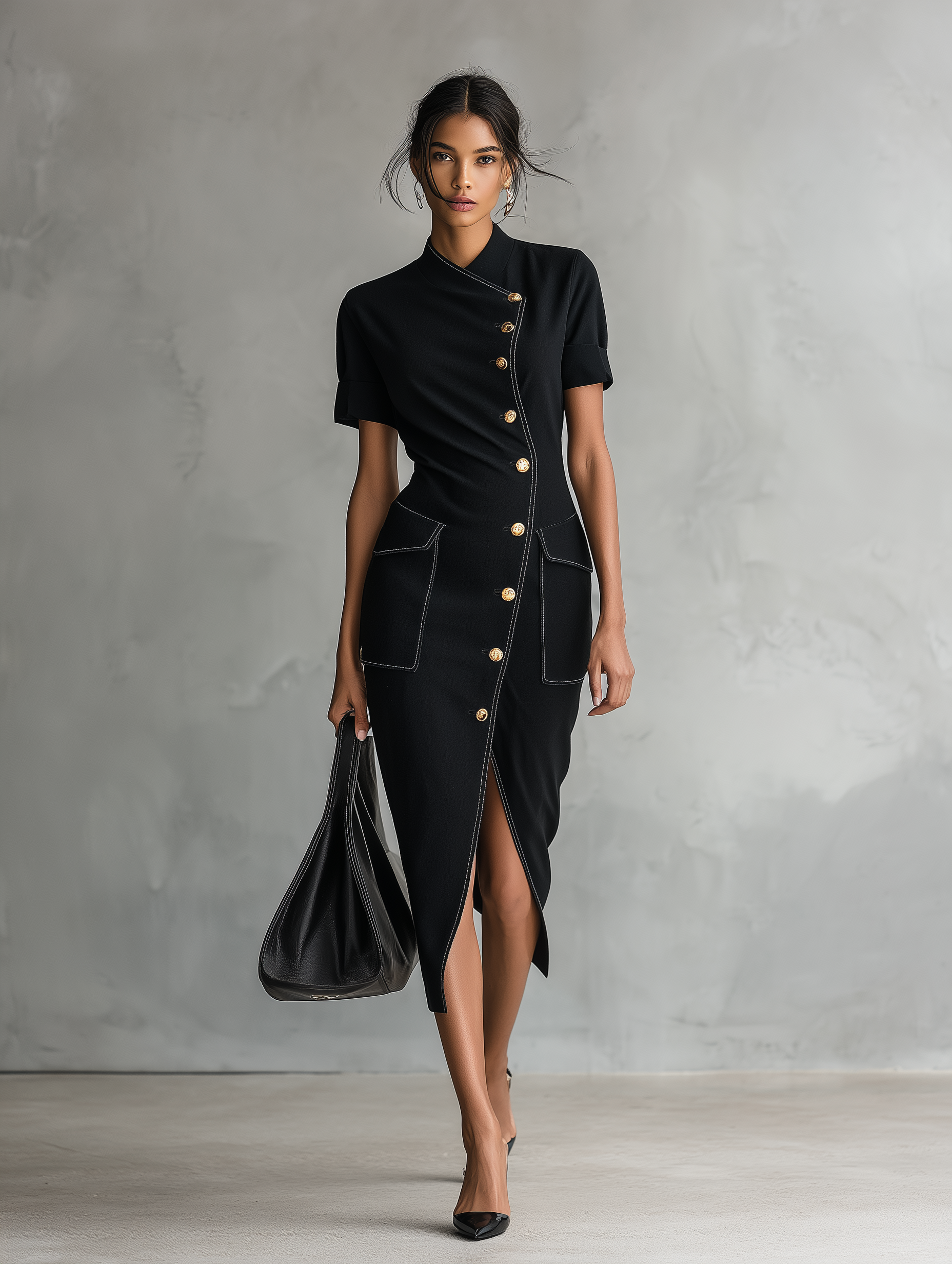 Women's Minimalist Asymmetric Single-Breasted Short-Sleeve Midi Dress MDZ0886G0WY