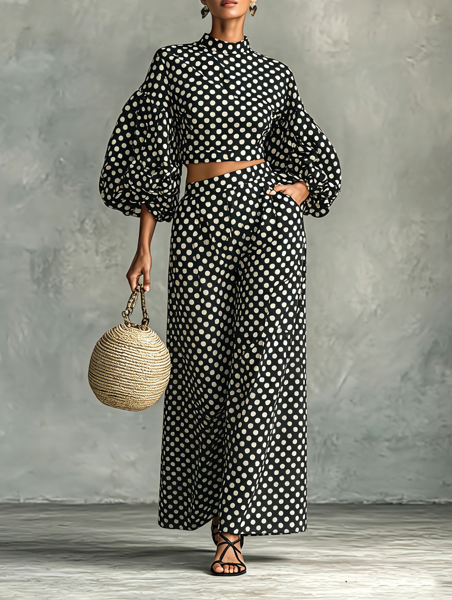 Women's Minimalist Polka-Dot Lantern-Sleeve Blouse And Wide-Leg Pants Set MDZ0967G6WY