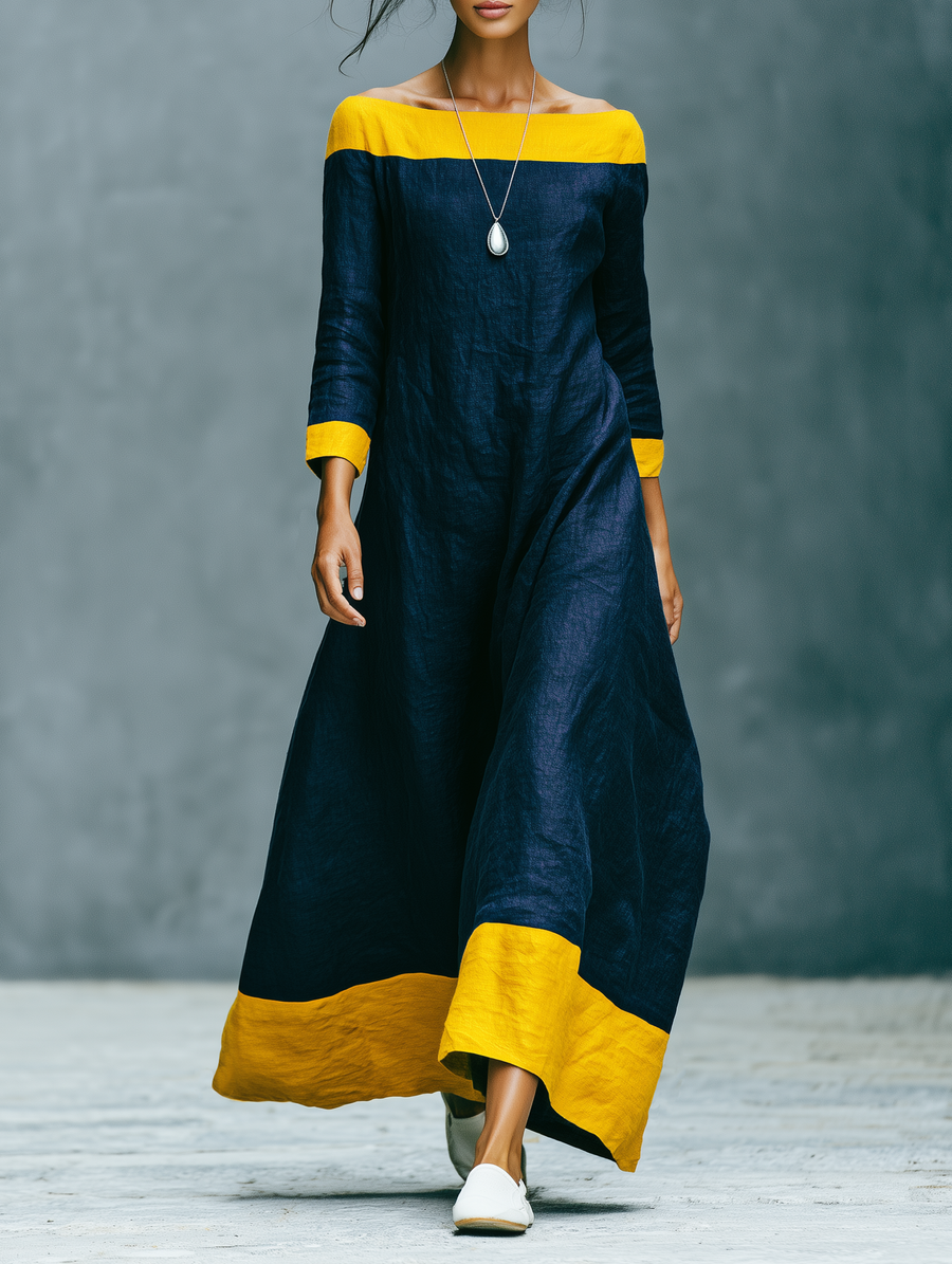 Women's Minimalist Color-Block Linen-Blend Maxi Dress With Crew Neck And Three-Quarter Sleeves MDZ0992G2WY