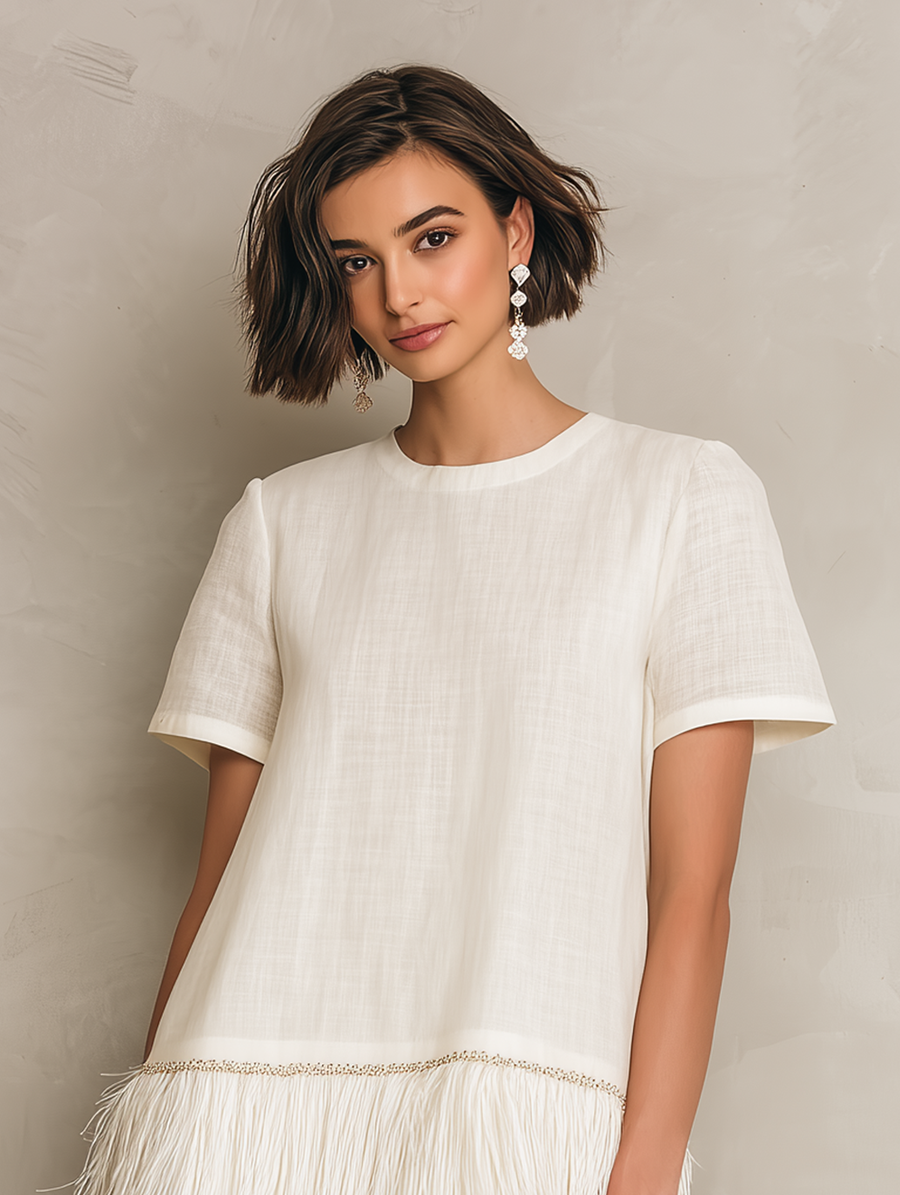 Women's Minimalist Solid-Color Short-Sleeve Mini Dress With Fringed Hem MDZ0967G9WY