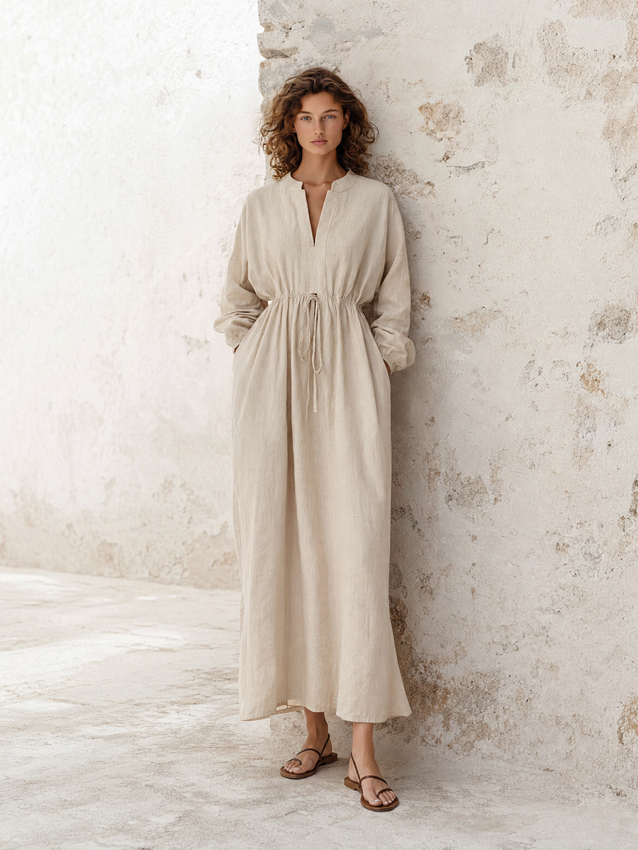Women's Elegant Casual Off-White Cotton-Linen Drawstring Waist Stand-Collar Long-Sleeve Maxi Dress MDZ0979G6CMX