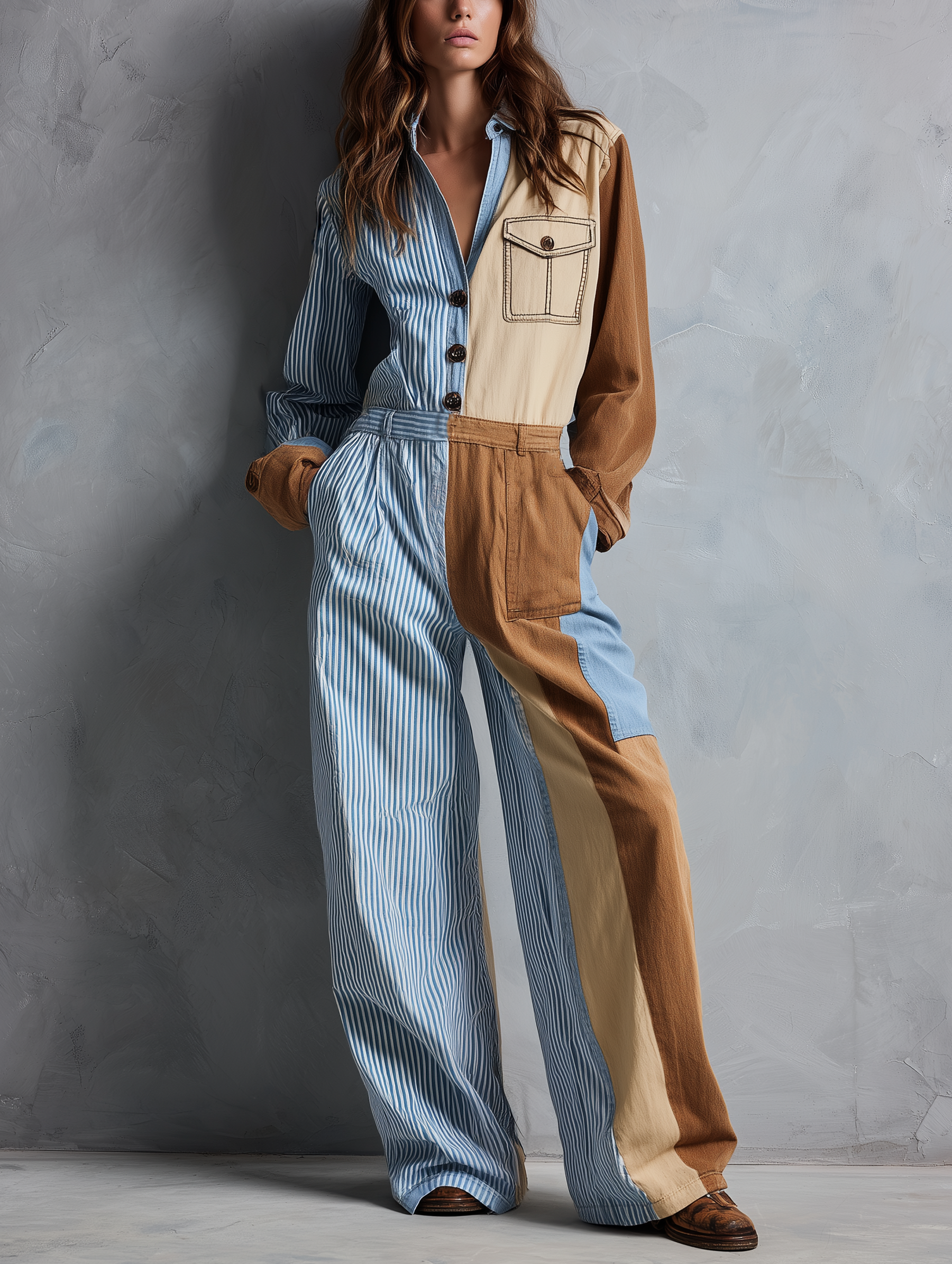 Women's Casual Long-Sleeve Jumpsuit With Woven Panel Detail MDZ0992G6LXY