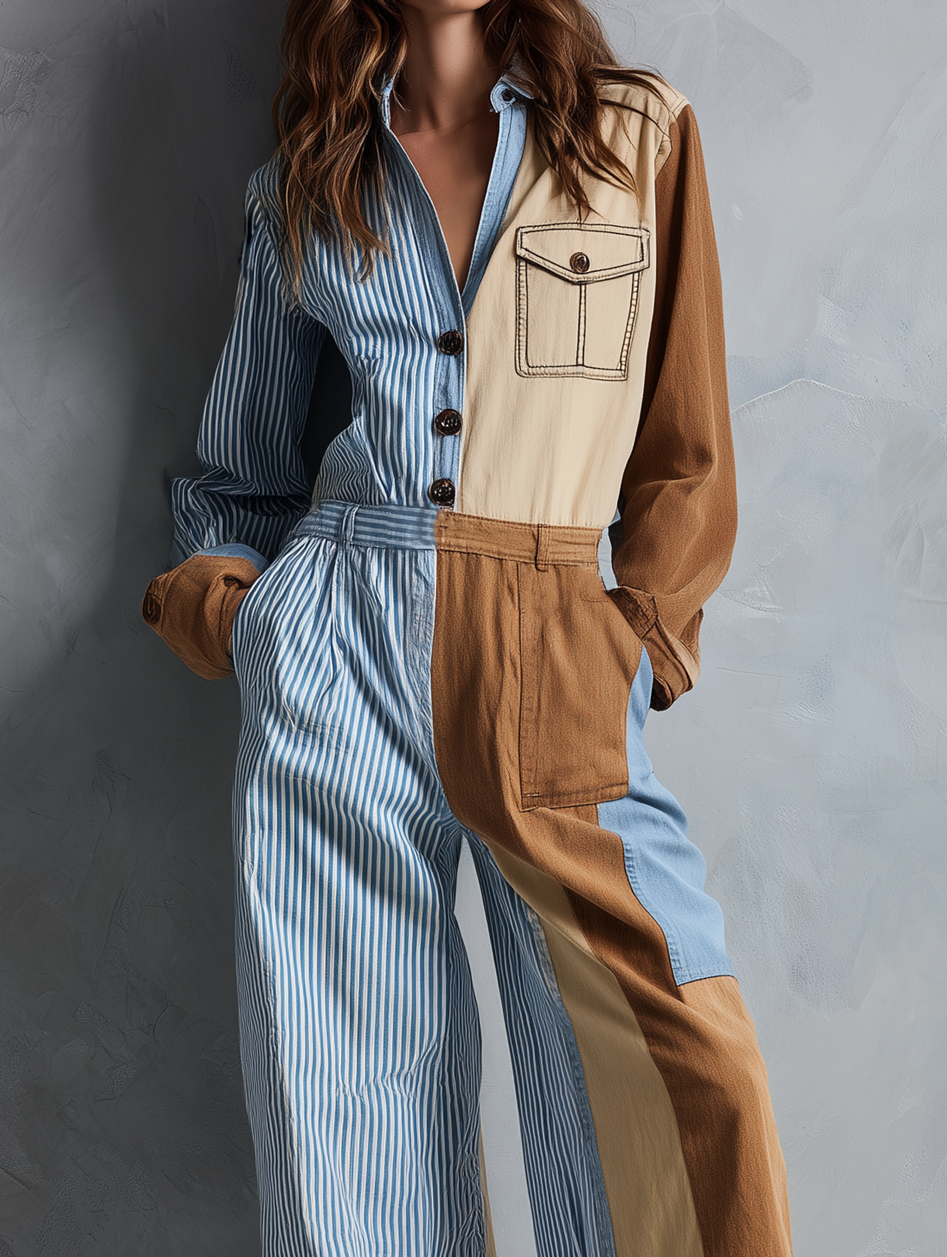 Women's Casual Long-Sleeve Jumpsuit With Woven Panel Detail MDZ0992G6LXY