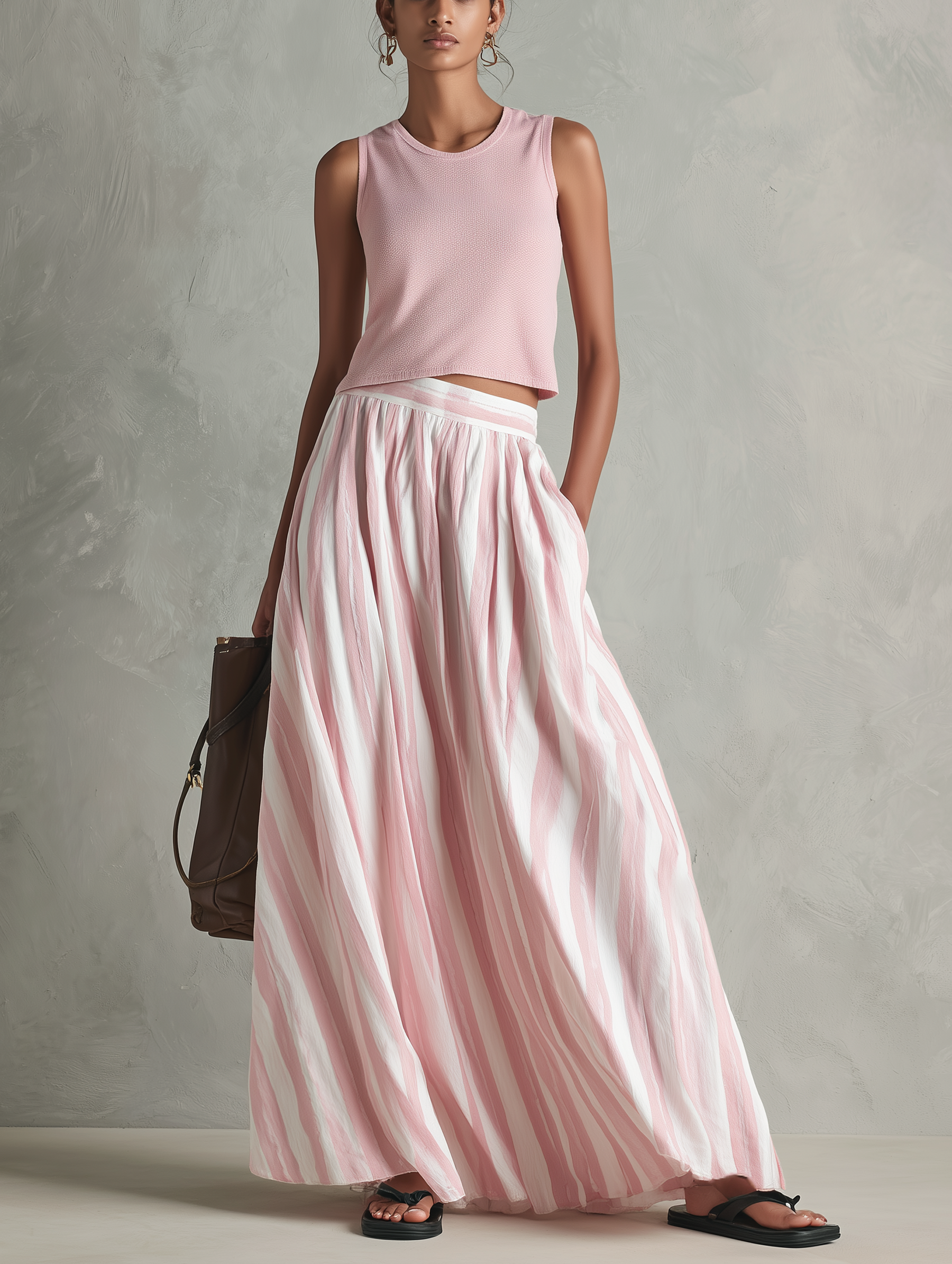 Women's Casual Pink Stretch-knit Sleeveless Round-neck Top Paired With A Woven Pink Printed Maxi Skirt MDZ0986G3LXY