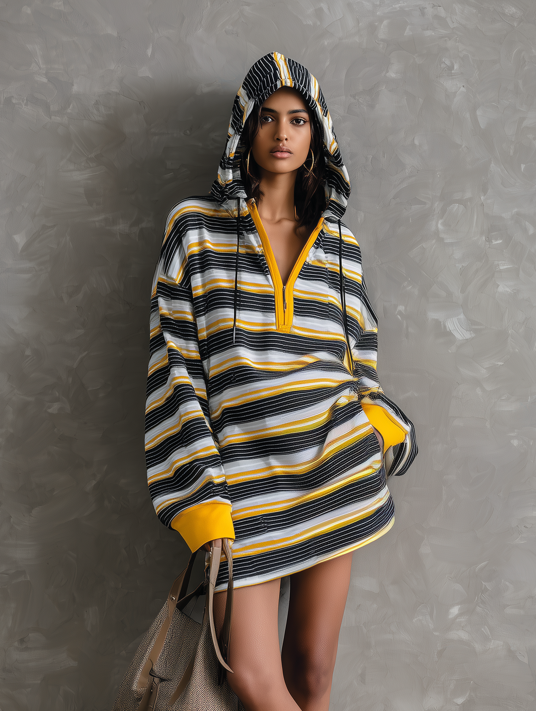 Women's Casual Striped Woven Hooded Long-sleeve Mini Dress MDZ0968G6LXY