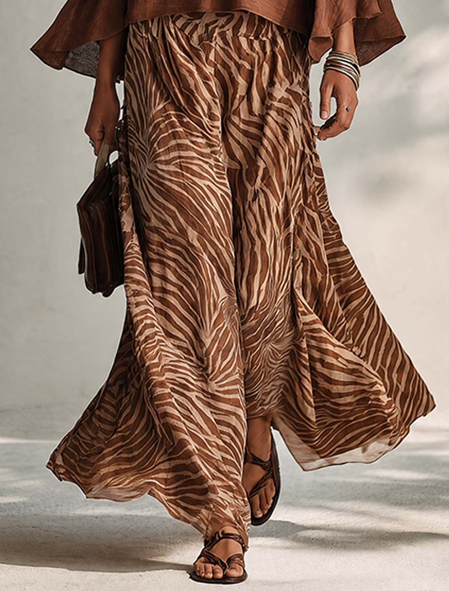 Women's Minimalist Cotton-Linen Blend V-Neck Flared-Sleeve Top &amp; Zebra-Print Skirt Two-Piece Set MDZ0940G0ZRK