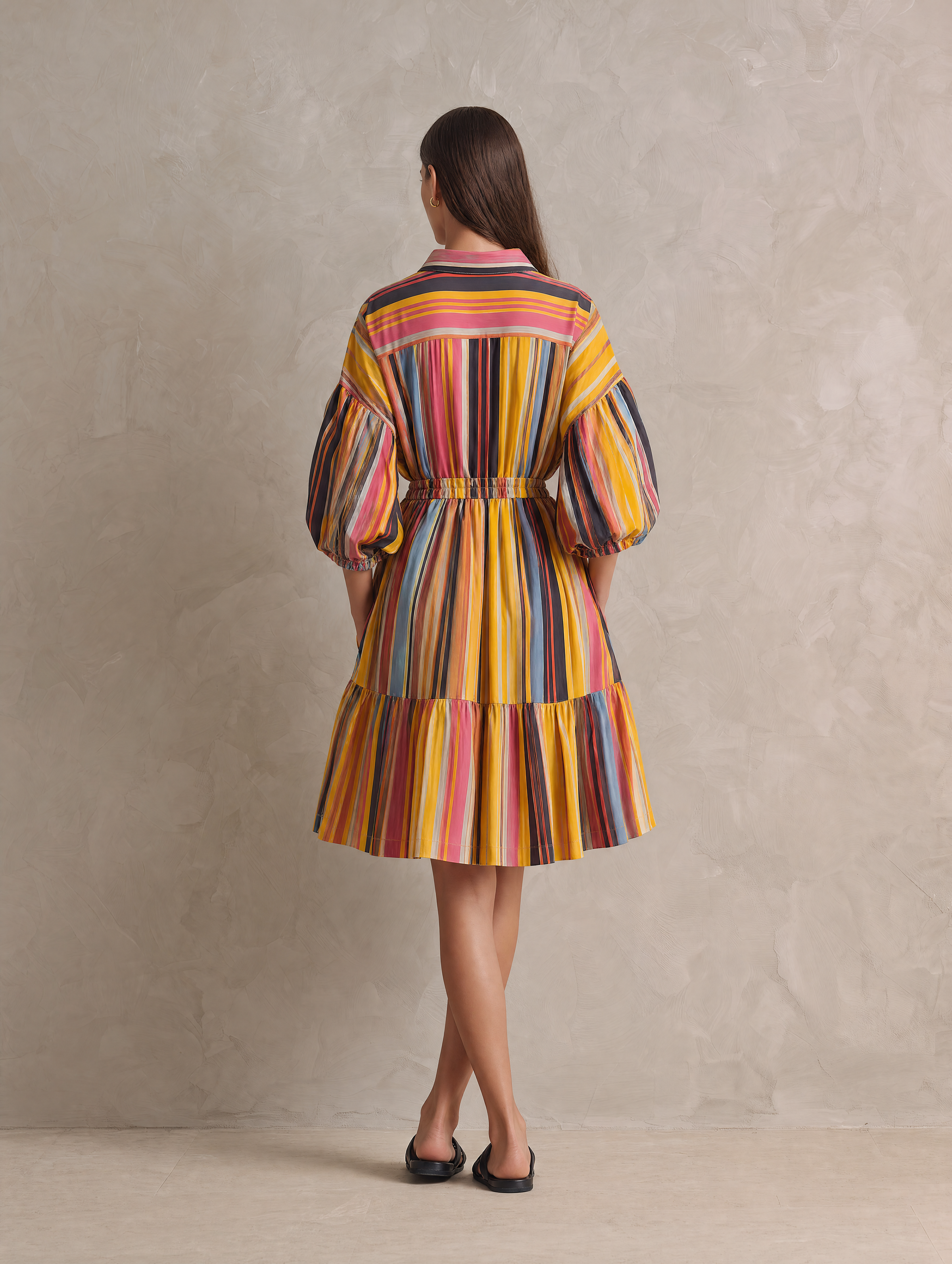 Women's Casual Woven Midi Dress With Colorful Print And 3/4 Sleeves MDZ0973G1LXY