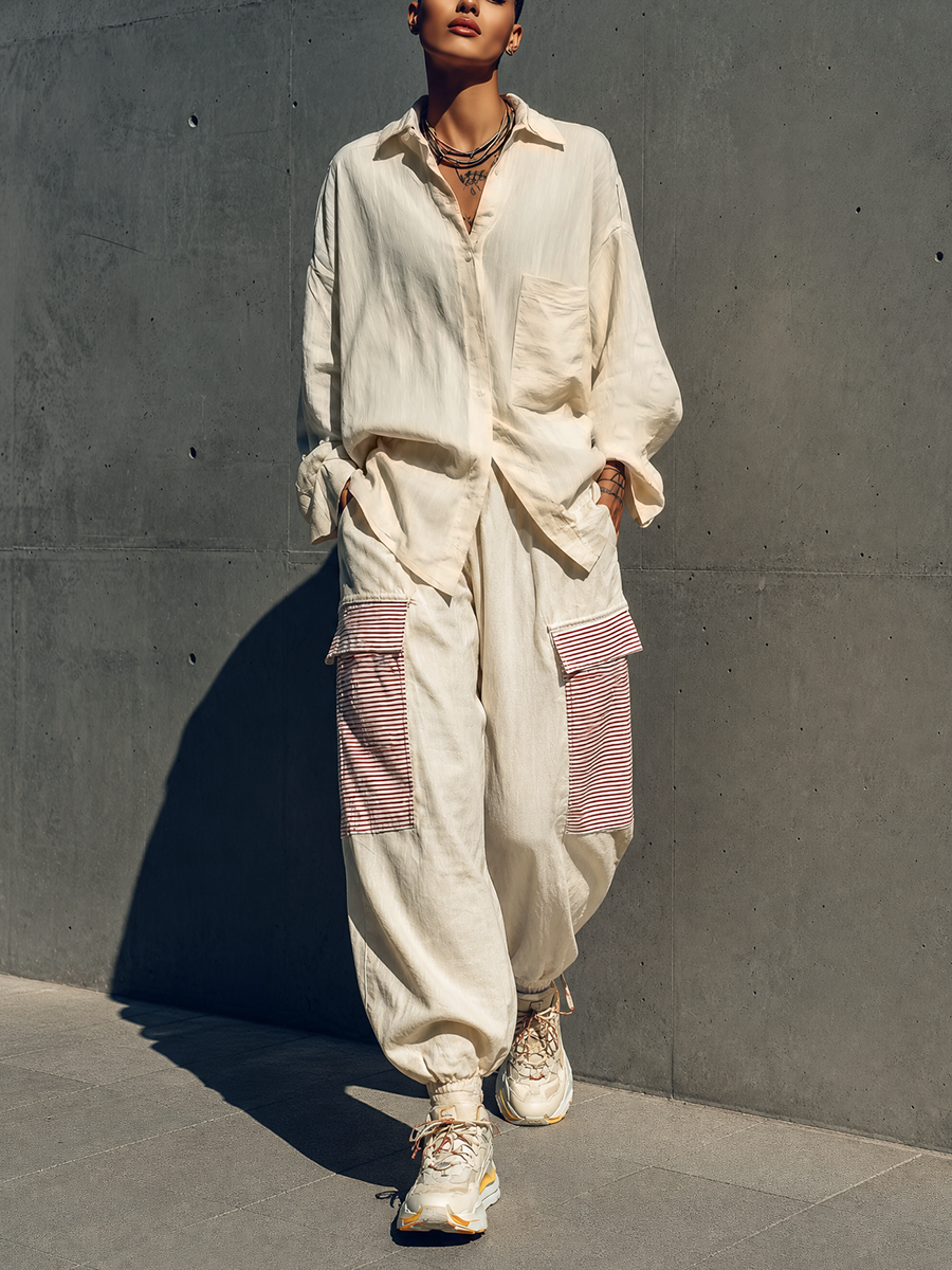 Women's Cream Linen Oversized Pocket Shirt Red White Stripe Patch Cargo Jogger Pants Two Piece Outfit Set MDZ0918G4YZJ