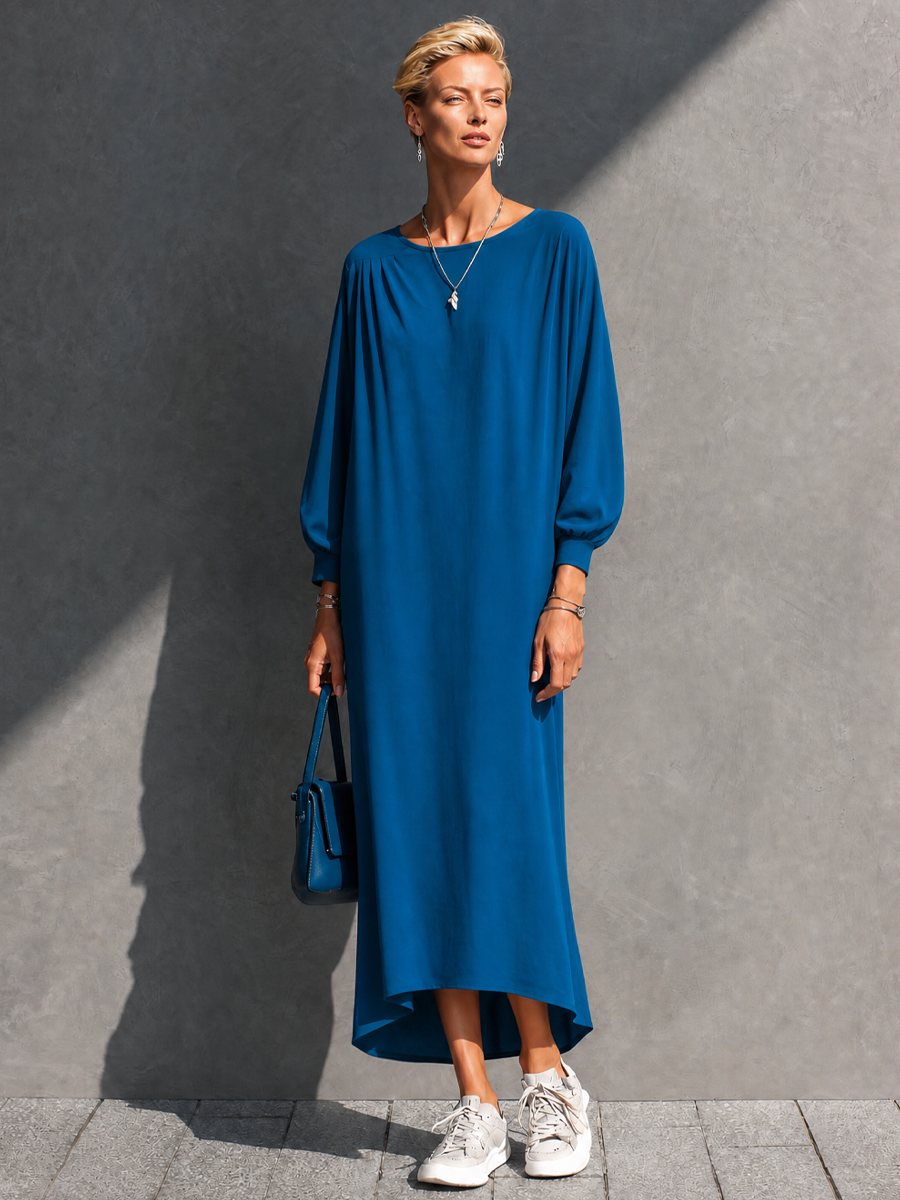 Women's Relaxed Lazy Royal Blue Cotton Blend Gathered Batwing Sleeve High Low Maxi Dress MDZ0946G1GMJ