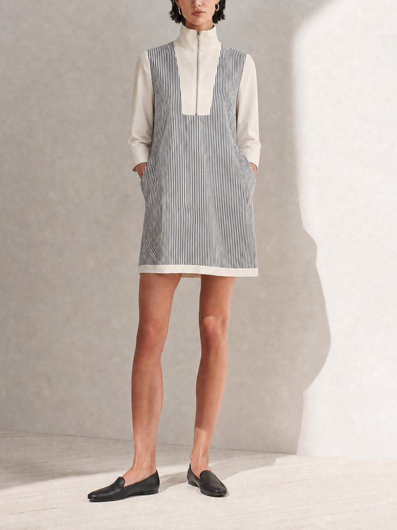 Women's Minimalist Black And White Stripe Cotton Blend High Neck Zip Front Contrast Panel Mini Dress MDZ1079G4ZSQ