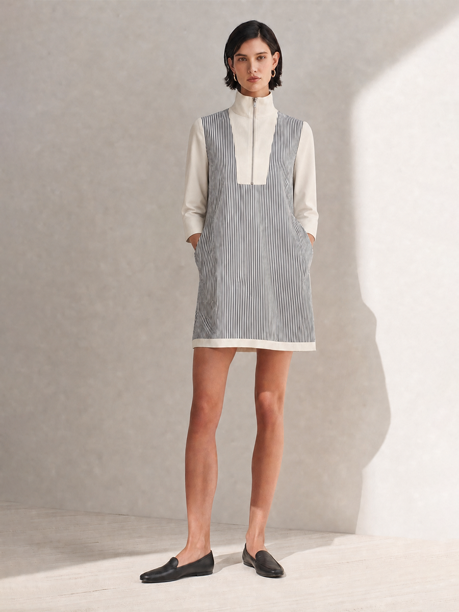 Women's Minimalist Black And White Stripe Cotton Blend High Neck Zip Front Contrast Panel Mini Dress MDZ1079G4ZSQ