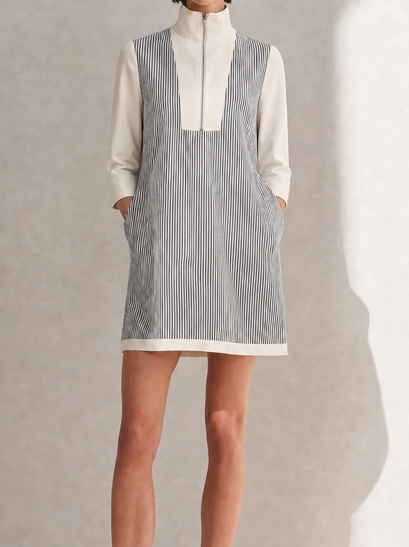 Women's Minimalist Black And White Stripe Cotton Blend High Neck Zip Front Contrast Panel Mini Dress MDZ1079G4ZSQ