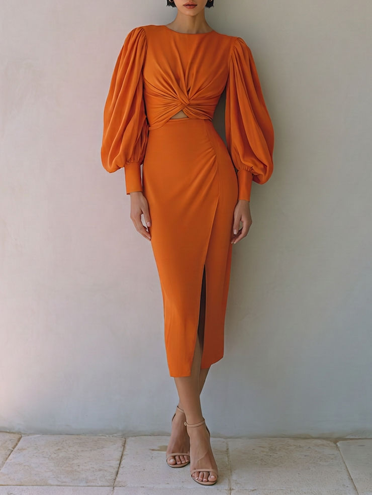 Women's Elegant Burnt Orange Twist Front Cutout Waist Balloon Sleeve Midi Dress MDZ1099G2ZSQ