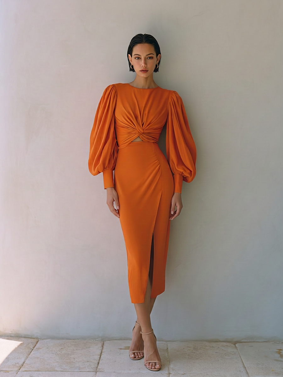 Women's Elegant Burnt Orange Twist Front Cutout Waist Balloon Sleeve Midi Dress MDZ1099G2ZSQ
