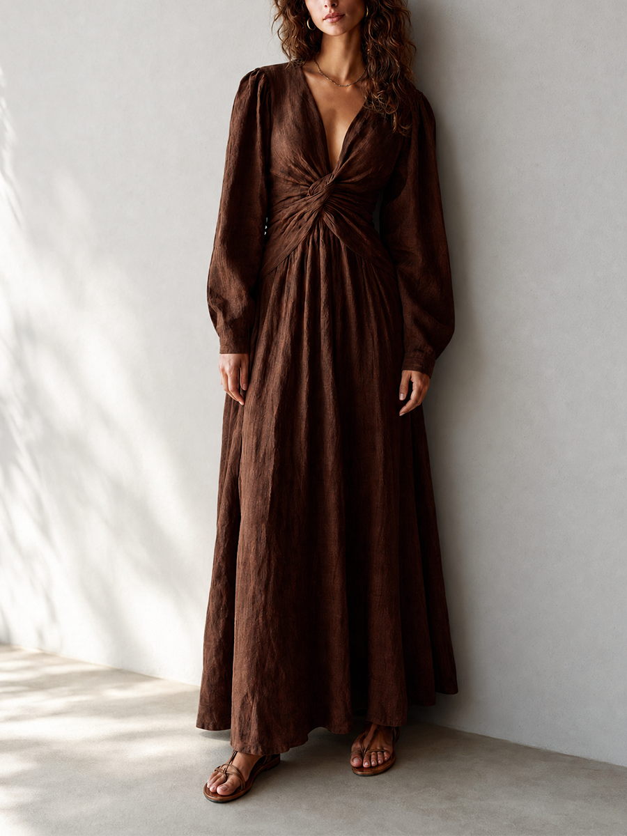 Women's Resort-Style Chocolate Brown Deep V-Neck Twist-Front Bishop-Sleeve Cinched-Waist Linen Maxi Dress MDZ1088G6CMX